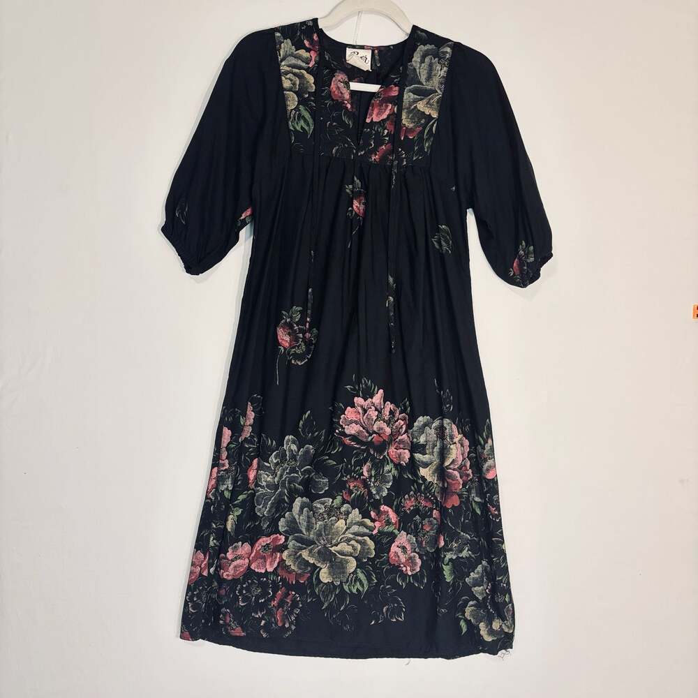 90s Vintage inspired Dark Floral Prairie Dress Cottagecore Witchy Tie Neck Midi